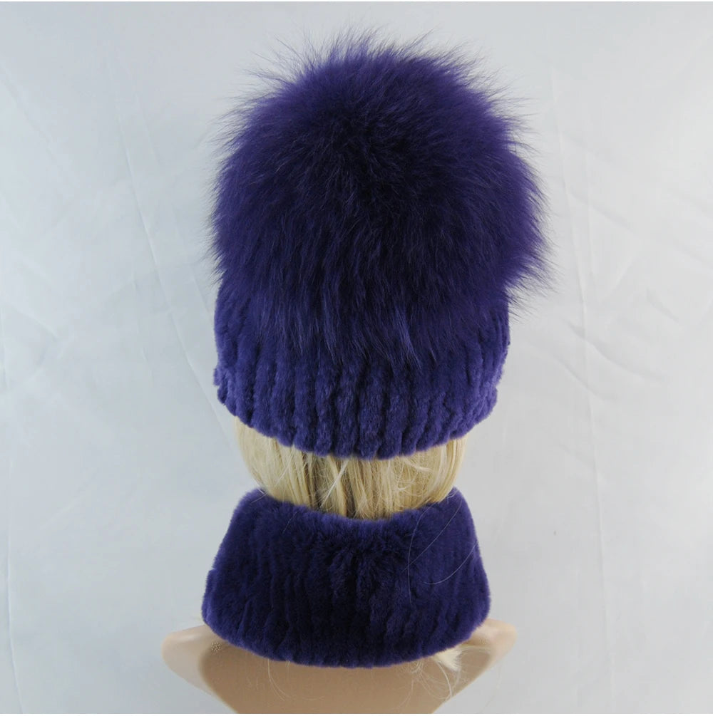 New Winter Lady Brand Hand Make Real Genuine Fox Fur Hat Scarf Girls Natural Real Rex Rabbit Fur Ring Cap Real Fur Scarves Hats