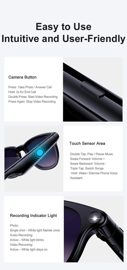 AI Smart Glasses 800W HD Camera Photo Video Record Voice Assistant Real-time Translation Waterproof Chat GPT Music Smart Glasses
