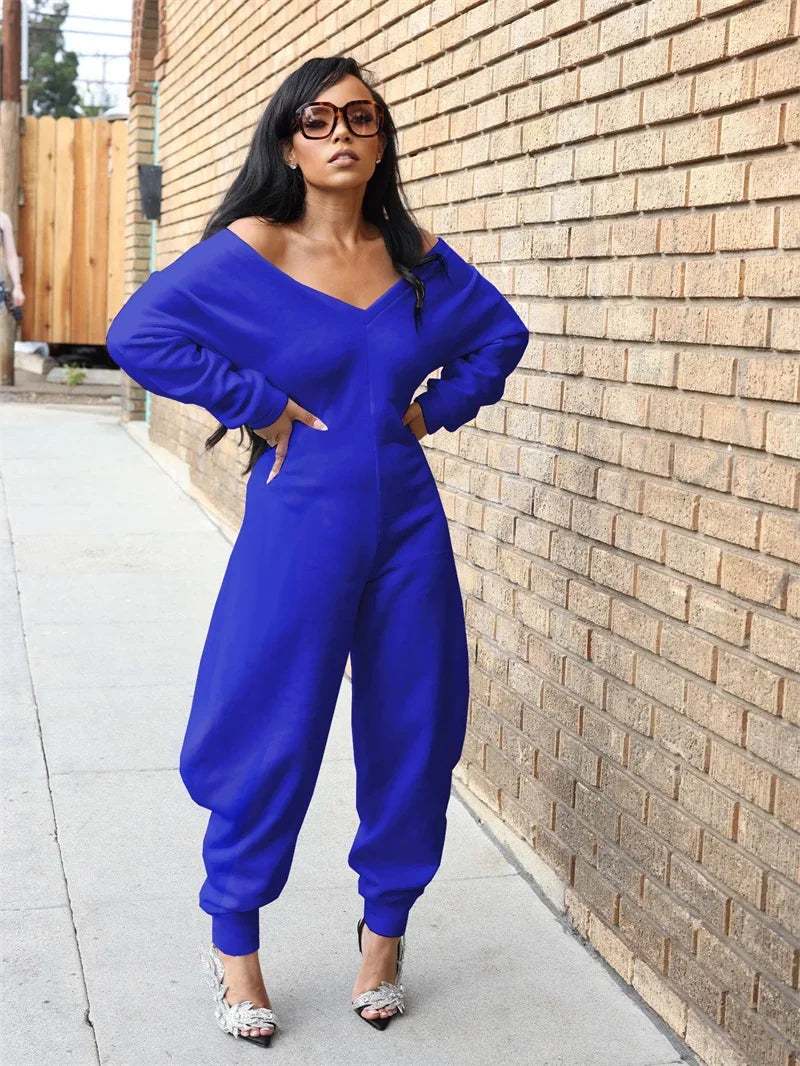 Doyerl Autumn Winter Solid Jumpsuits for Woman Long Sleeve Romper Sexy Off the Shoulder V-neck One Pieces Overalls Combinaison