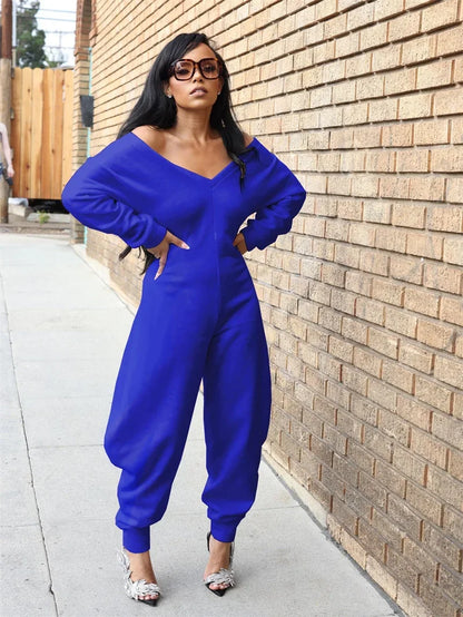 Doyerl Autumn Winter Solid Jumpsuits for Woman Long Sleeve Romper Sexy Off the Shoulder V-neck One Pieces Overalls Combinaison