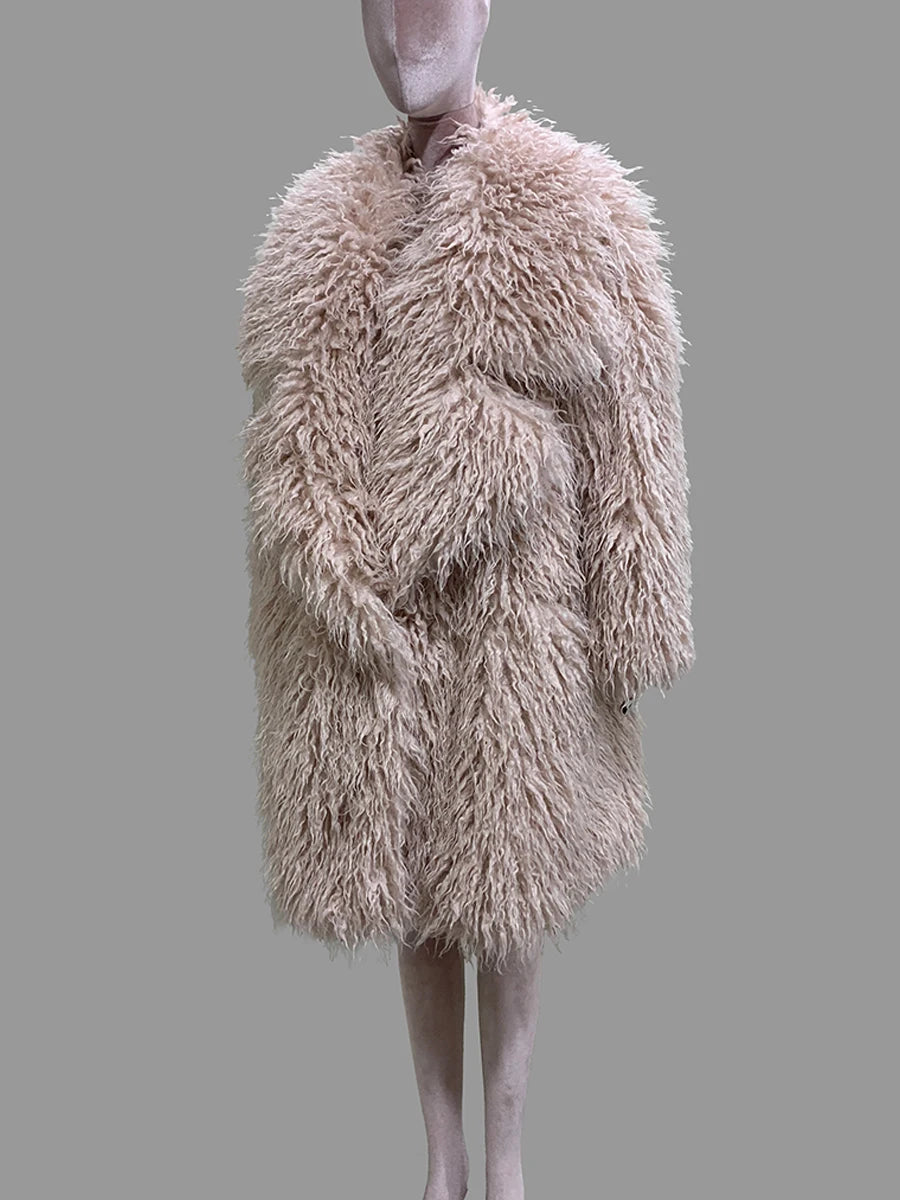 Lautaro Autumn Winter Long Oversized White Thick Warm Hairy Shaggy Fuzzy Faux Mongolian Fur Coat Women Pink Fluffy Overcoat