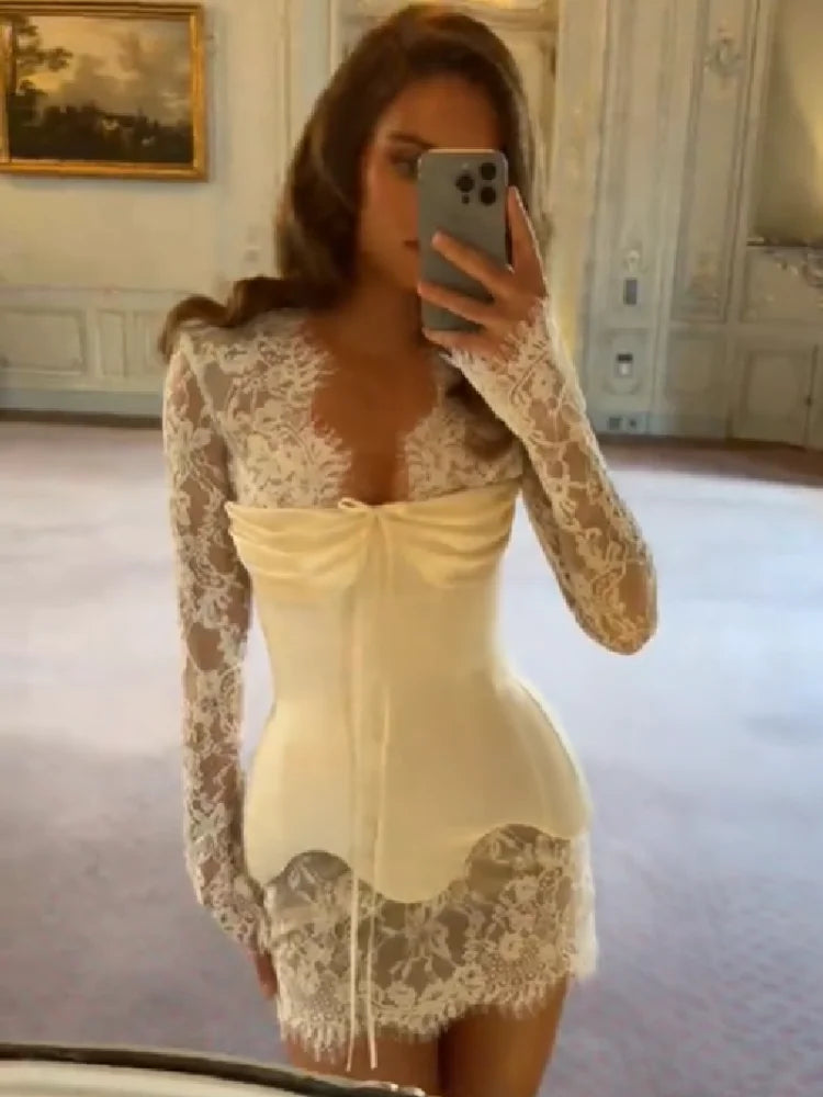 Women's Exquisite Lace Long Sleeve Corset Dress Chic V Neck Satin Bustier Mini Dresses 2026 Bachelorette Wedding Party Clothing
