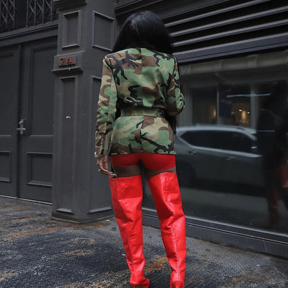 Women Camouflage Coats Belted Jacket Long Sleeves Notch Lapel Collar Single Breasted Slim Streetwear Casual 2025 Spring Autumn