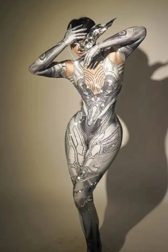 Sexy Stretchy Performance Dance Nightclub Rompers Singer Stage Wear  Gloves for Women Costume Sparkly Rhinestones Jumpsuit