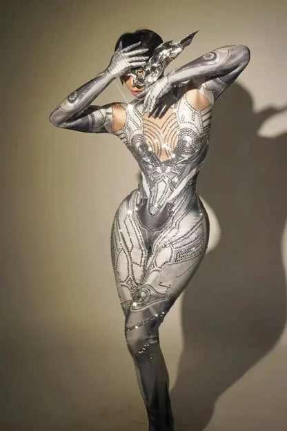 Sexy Stretchy Performance Dance Nightclub Rompers Singer Stage Wear  Gloves for Women Costume Sparkly Rhinestones Jumpsuit
