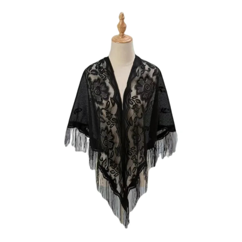 Floral Lace Shawl Wrap Women Embroidery Scarf With Fringe Sheer Kimono Poncho Capelet Summer Beach Cover Up Evening Party Shawls