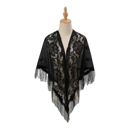 Floral Lace Shawl Wrap Women Embroidery Scarf With Fringe Sheer Kimono Poncho Capelet Summer Beach Cover Up Evening Party Shawls