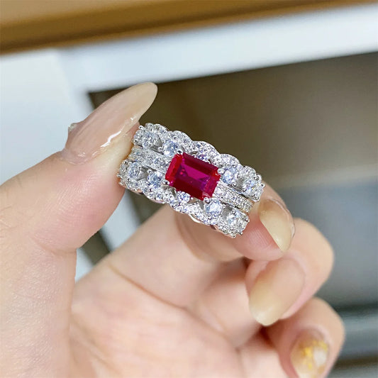 High-end women's 18K white gold and platinum PT950 lace ring women's ruby   red corundum emerald cut diamond ring