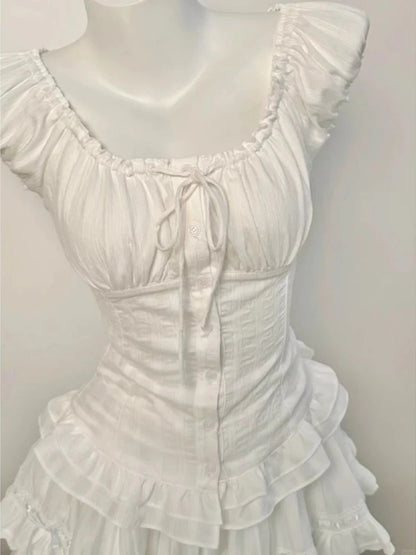 Deeptown Elegant Sweet White Blouses Women Sexy Square Collar Bow Crop Tops Vintage French Style Short Sleeve Ruffle Shirts
