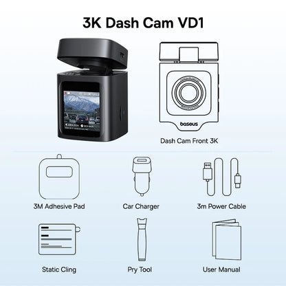 Baseus 3K Dash Cam VD1 Front and Rear Cam HD Built-in GPS Galileo Supercapacitor Car DVR Car Camera Recorder Support 24H Parking