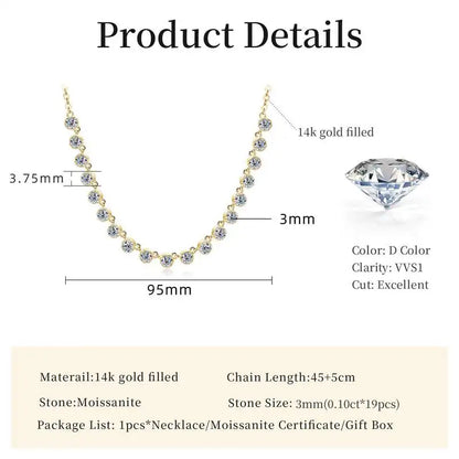Lnngy Sparkling 3MM Moissanite Bubble-Style Necklace 14K Gold Filled Choker Necklace for Women Wedding Jewelry Accessories