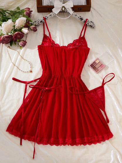 Transparent Red Seamless Sexy Lace Women's One-piece Romantic And Passionate Nightgown Straps Bodysuits Chic Patchwork Jumpsuits