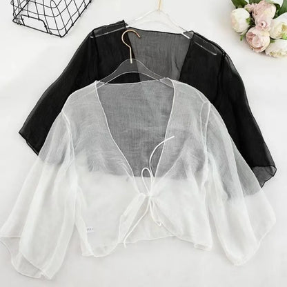 Casual Crinkle Women Cardigan Loose Chiffon Short Shawl See Through Transparent Thin Section Top Small Jacket