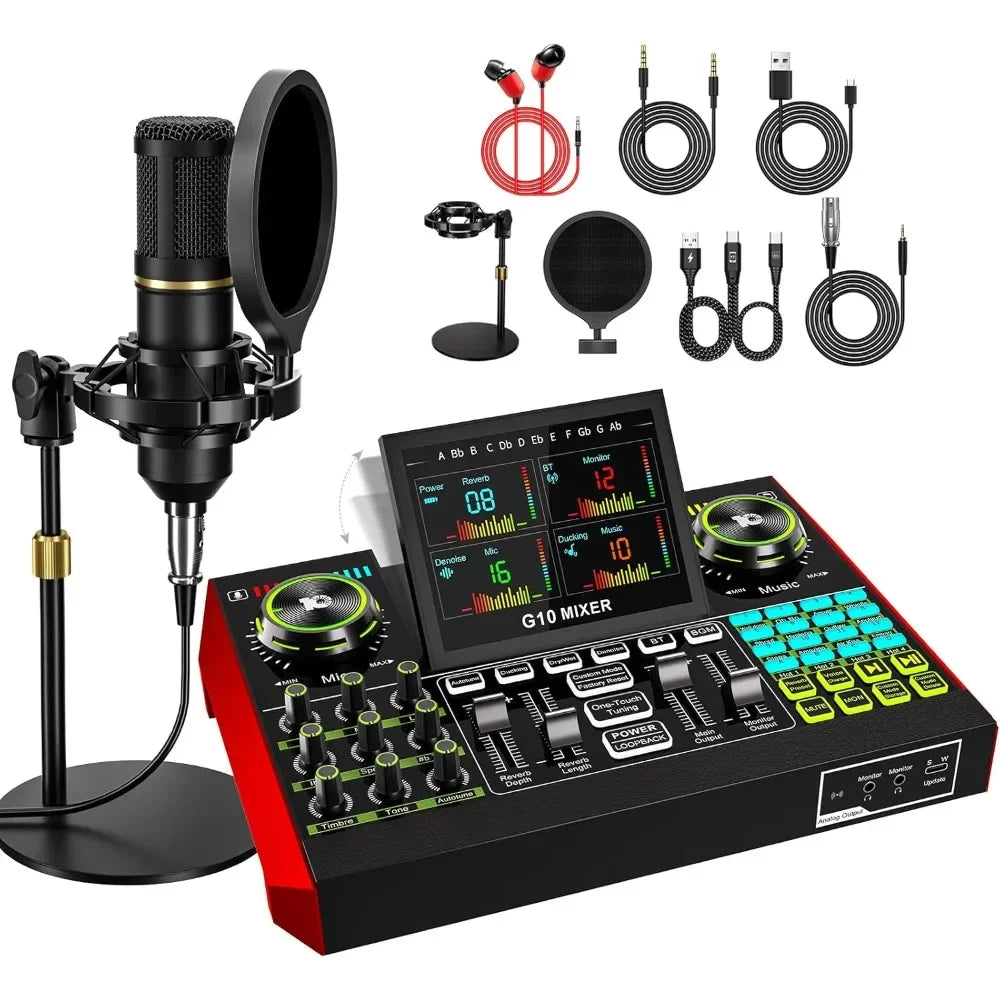 Living-Professional Condenser Microphone Kit with Audio Mixer Live Sound Card for PC Streaming Podcasting Gaming Voice Changer-S
