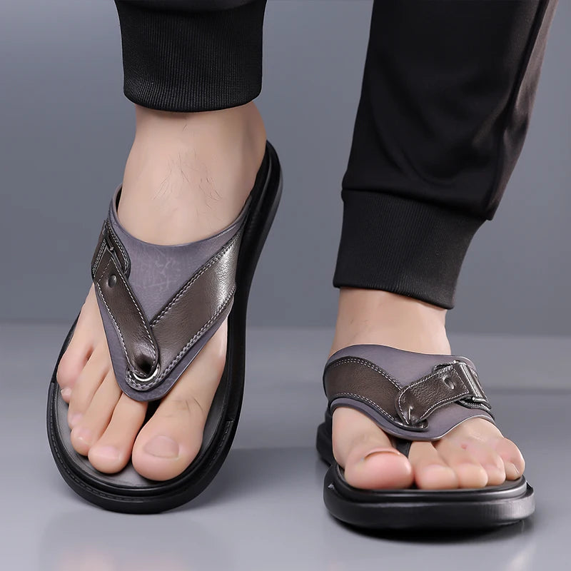 New Trend Men's Flip Flops Leather Beach Sandals Quick Dry Water Shoes Non Slip Summer Slippers Outdoor Slides Walking Sandalias
