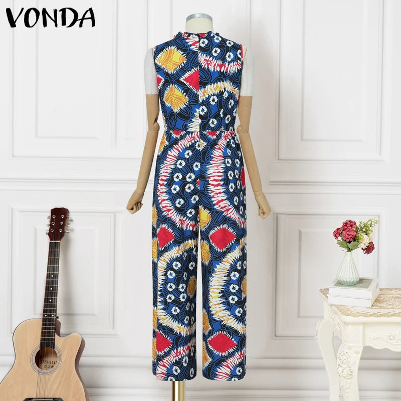 Women Jumpsuits Vintage Printed Sleeveless Overalls 2025 VONDA Summer Beach Wide Leg Playsuits Casual OL Work Long Jumpsuits