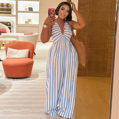 Sexy Jumpsuit Solid Color Casual Striped Halterneck Deep V-neck Wide-leg Jumpsuits Casual Holiday Party Daily Rompers Women's