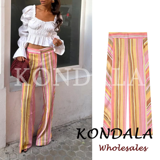 KONDALA Chic Striped Y2K Fashion 2026 Summer Long Pants Zipper Wide Leg Pockets Trousers Straight Female Casual Elegant Pants