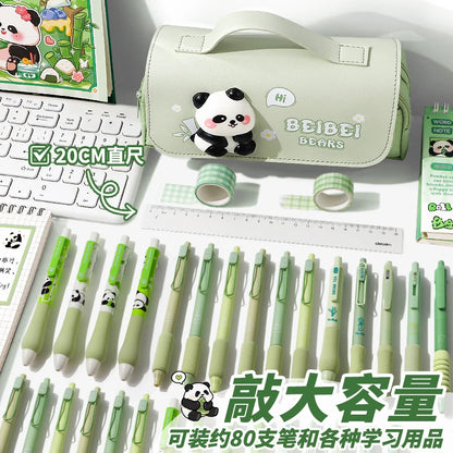 Green Panda Pencil Bag Large Capacity Stationery Pen Case Bear Dog Cat Handle Storage School Supplies Gift Box PU Ruler Holder A