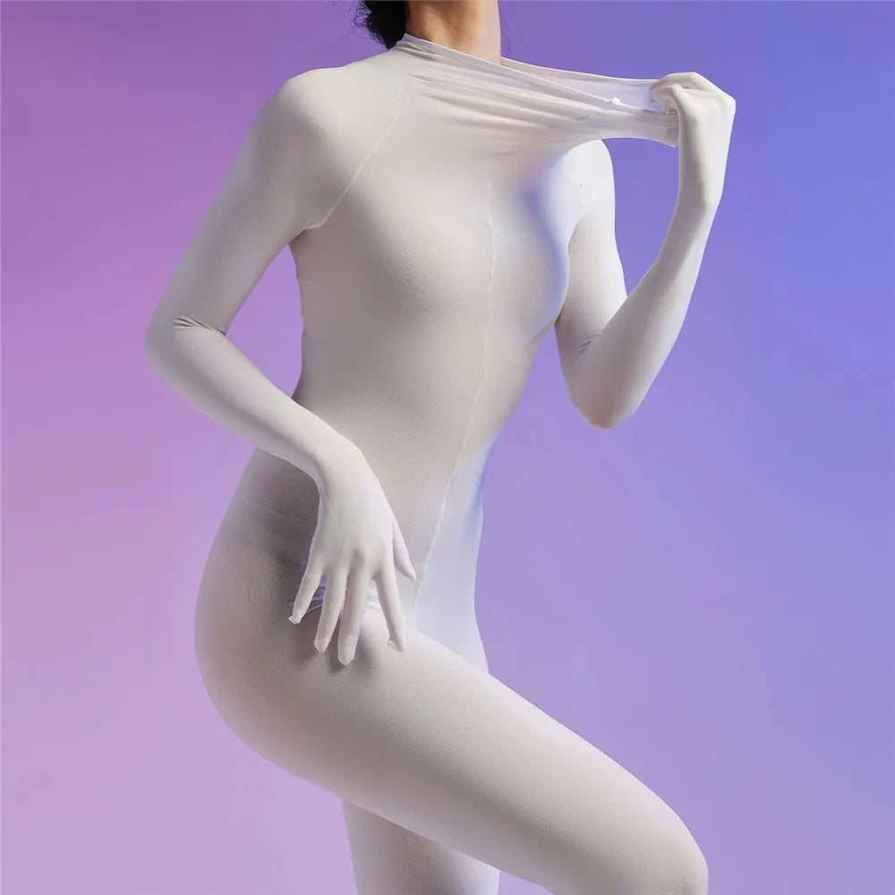Plus Size Sexy Women 120D Five Finger Glove Sleeve Bodysuit Seamless Tight Warm High Elastic Shaping Cosplay Unisex Fit Jumpsuit