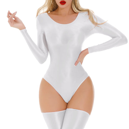 Women's Swimsuit One Piece Swimwear Oil Glossy Stretchy Gym Fitness Long Sleeve Round Neck Tights Leotard Bodysuit Clubwear