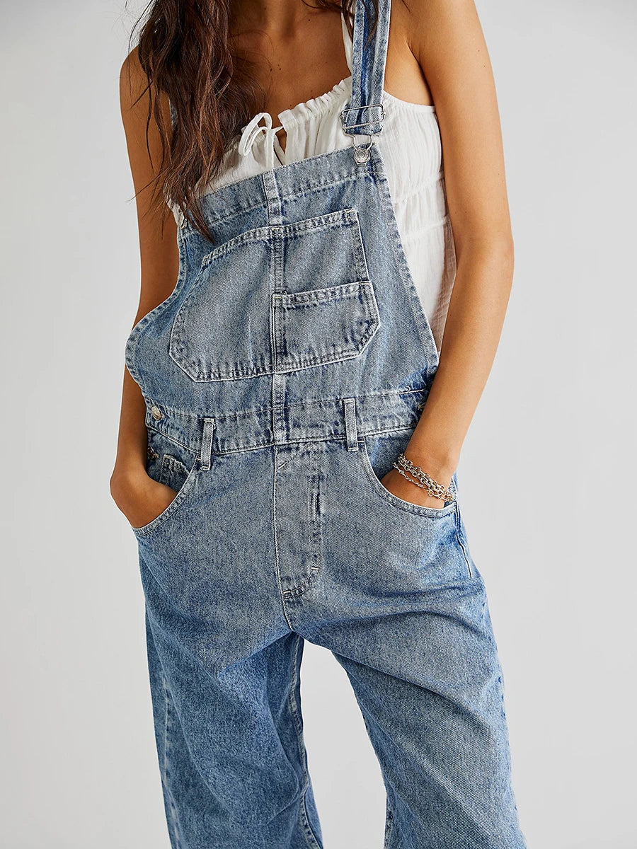 Women Spring Casual Wide Leg Denim Jumpsuits Loose Wide Strap Suspender Pocket Overalls Baggy Long Jeans Bib Pants Rompers