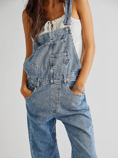 Women Spring Casual Wide Leg Denim Jumpsuits Loose Wide Strap Suspender Pocket Overalls Baggy Long Jeans Bib Pants Rompers