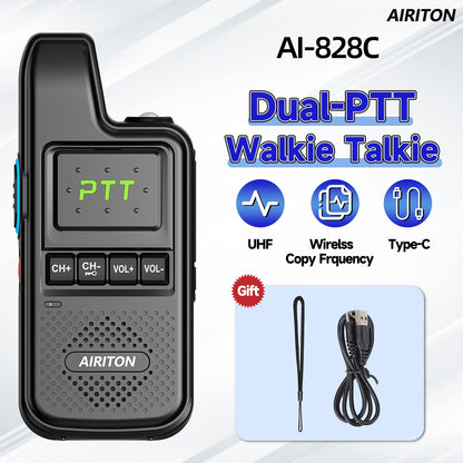 2PCS AIRITON AI-828C Mini Walkie Talkie Dual PTT Wireless Copy Frequency HD Sound Portable UHF 16 Channels Long Range Ham Radio
