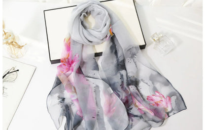 Ink Painting Lotus Summer Beach Sun Protection Chiffon Georgette Scarf Women Foulard Shawl Bandana Elegant Thin Breathable
