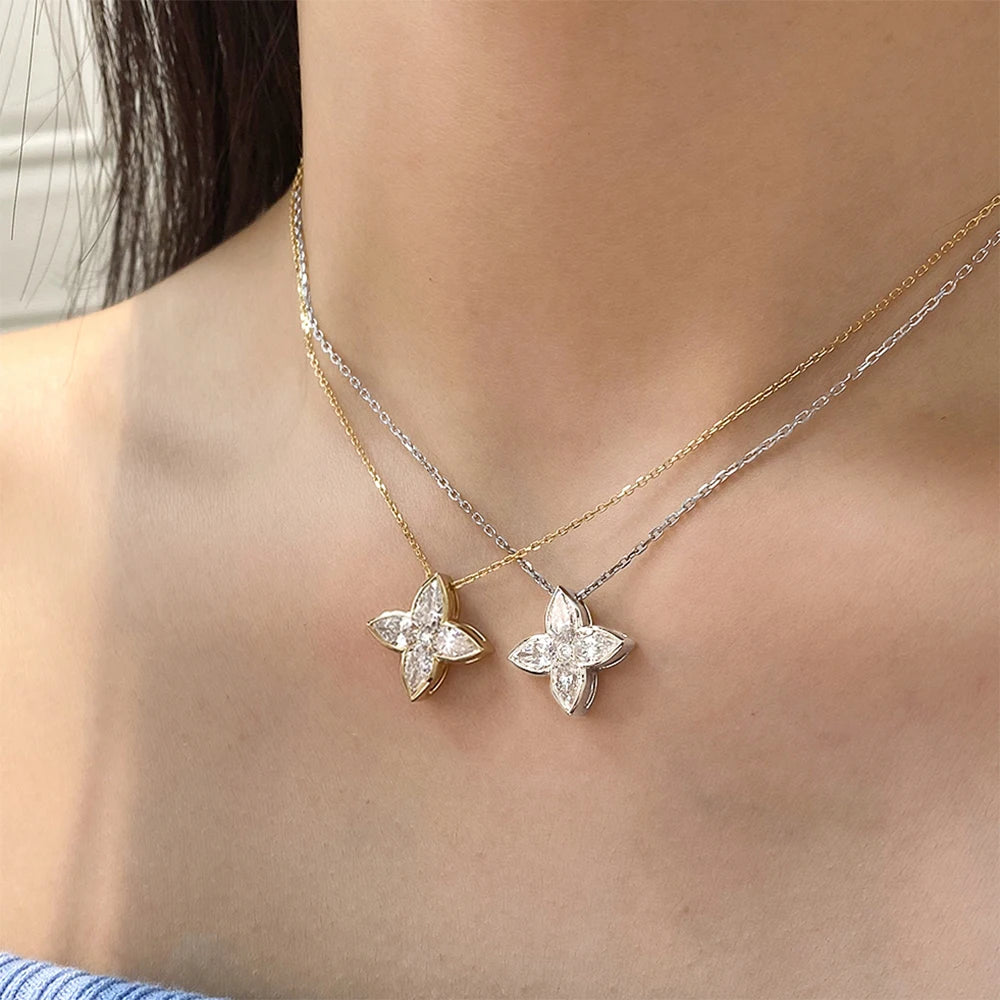 Exquisite Full Moissanite Pendant Necklaces Fashion Flower Pear/Round Cut Diamond Neck Chain S925 Silver Wedding Jewelry Gifts