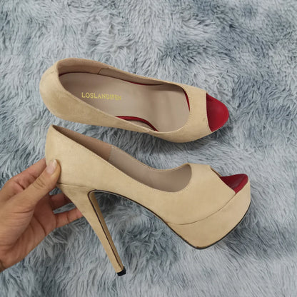 2026 Women Pumps New Fashion 14cm Sexy Peep Toe High Heels Velvet Platform Thin Heel Lady Party Dance Red Wedding Woman Shoes