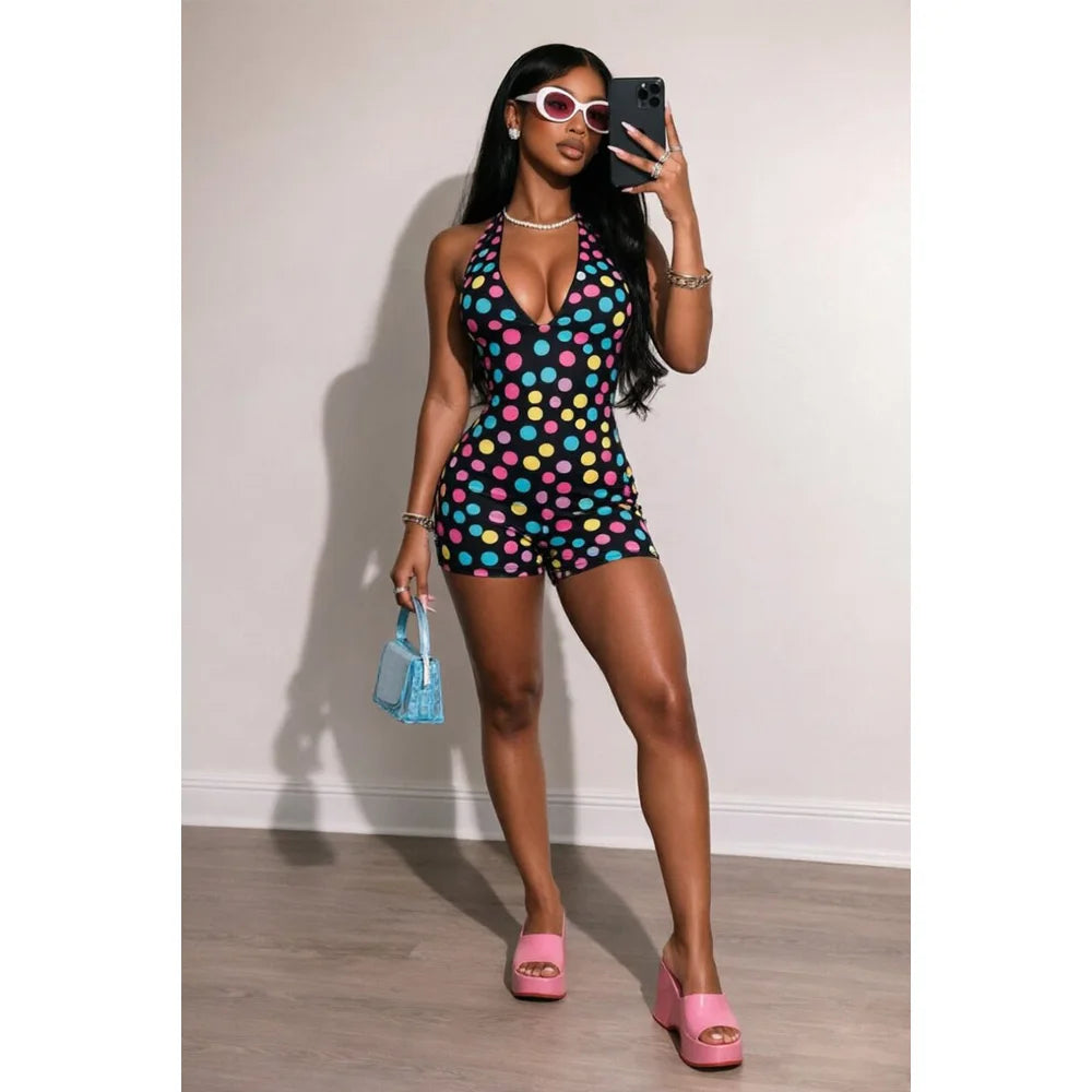 Sexy Polka Dot Backless Jumpsuits 2026 Summer Clothes Women One Piece Elegant Luxury Bodycon V Neck Halter Top Jumpsuit