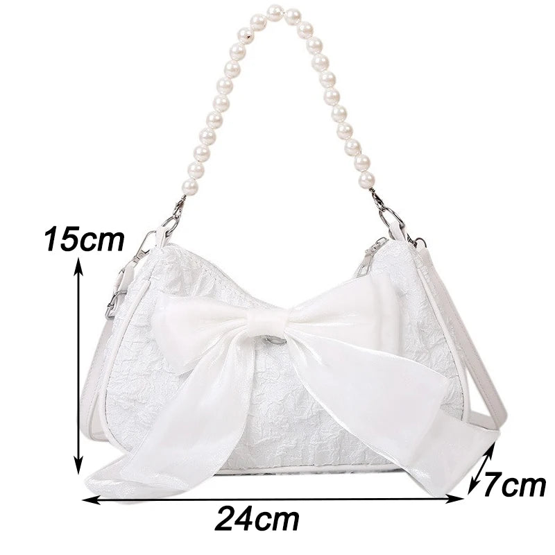 White Folds Pearl Female Bag Retro Luxury Designer Handbag Bow Crossbody Bags Fashion Y2K Vintage Women's Shoulder Bag Purses