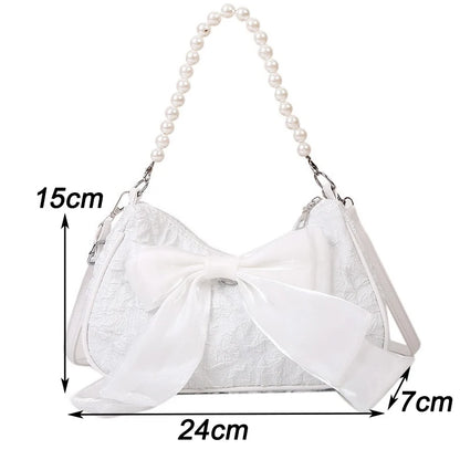White Folds Pearl Female Bag Retro Luxury Designer Handbag Bow Crossbody Bags Fashion Y2K Vintage Women's Shoulder Bag Purses