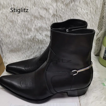 Genuine Leather Embroidery Men's Boots Pointy Chelsea Boots Snakeskin Metal Decor Chunky Heeled Ankle Boots Party Male Shoes