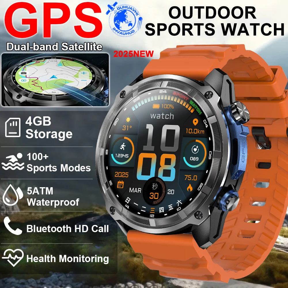 2025 New Tactical Smartwatch Built-in GPS Offline Map 4GB Memory 5ATM IP69K Swimming Waterproof Men Militray Smart Bracele