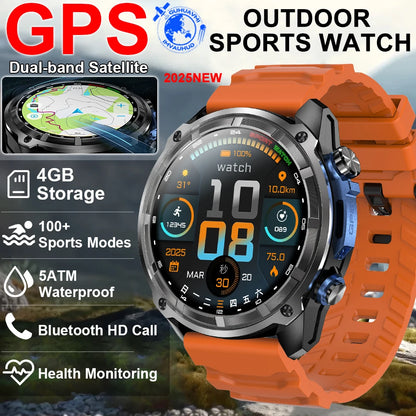 2025 New Tactical Smartwatch Built-in GPS Offline Map 4GB Memory 5ATM IP69K Swimming Waterproof Men Militray Smart Bracele