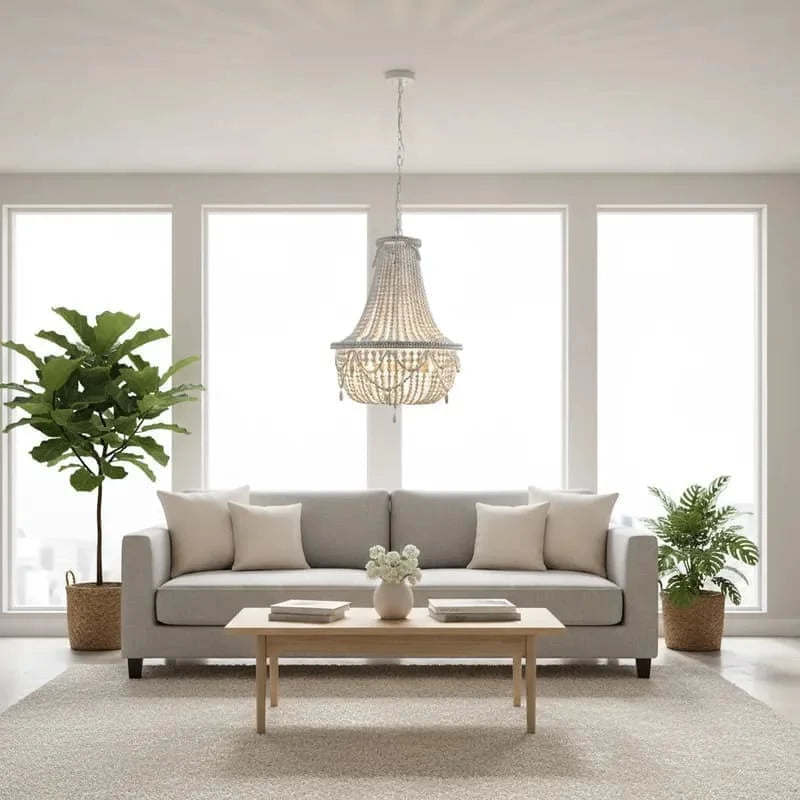 French Country white wood Bead Chandelier dining room bedroom princess Decorative chandelier 3/5 lights hanging light fixture