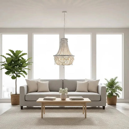 French Country white wood Bead Chandelier dining room bedroom princess Decorative chandelier 3/5 lights hanging light fixture