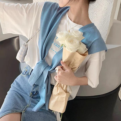 Korean Knitted Shawl Summer Air Conditioning Fake Collar Neck Guard Knit Thin Knotted Cape Shoulder Scarf For Women