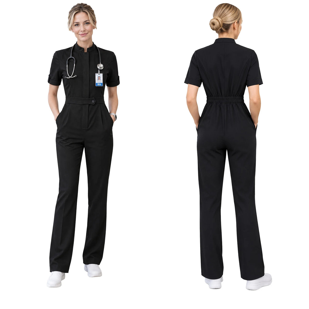 Womens Scrubs Jumpsuit Soft Stretch Medical Scrub Set with Pockets Front Zipper Elastic Waist Jogger Pants Nurse Doctor Workwear