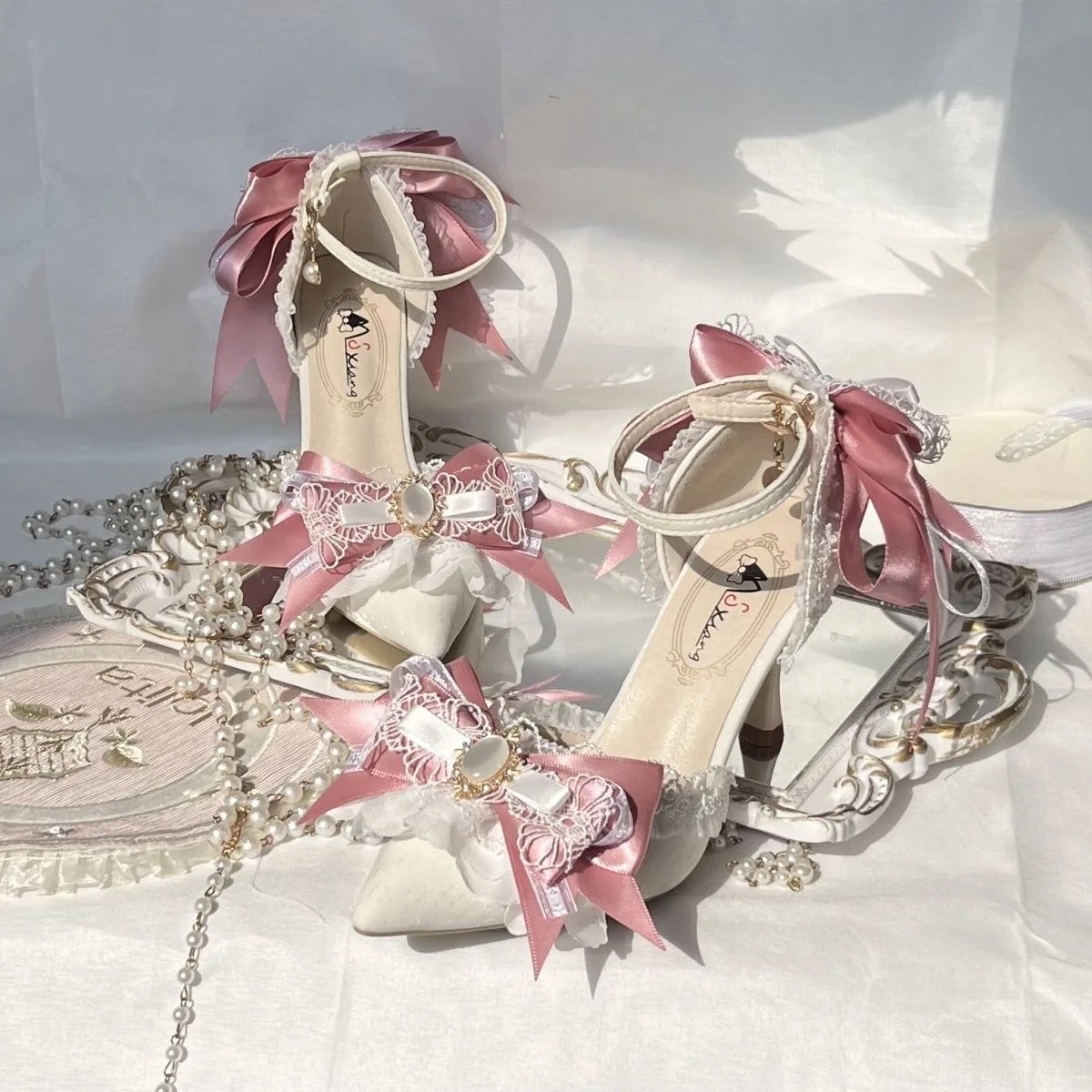 Pink Heeled Sandals Lolita Heels Shoe and Bag Set Luxury Woman High Heels Party Shoes Woman Bow Weddings Bridal Shoes Y2K Heels