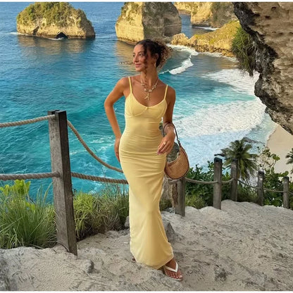 Elegant Women's Backless Yellow Lace Dresses Cross-back Design Long Slim Fit A-line Summer Dress Y2k Vacation Travel Vestido2026
