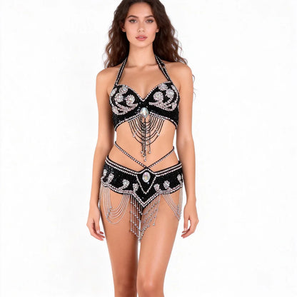 THEEPER Women Belly Dance Costume 2Pcs Set, Hand Beaded Halter Bra Adjustable Waist Belt Rhinestone Tassel Oriental Dance Outfit