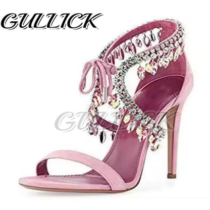 Rhinestones Heeled Sandals Crystal Heels Open Toe One Strap Women Luxury Designer Shoes Summer Elegant Sandalias De Mujer 2025