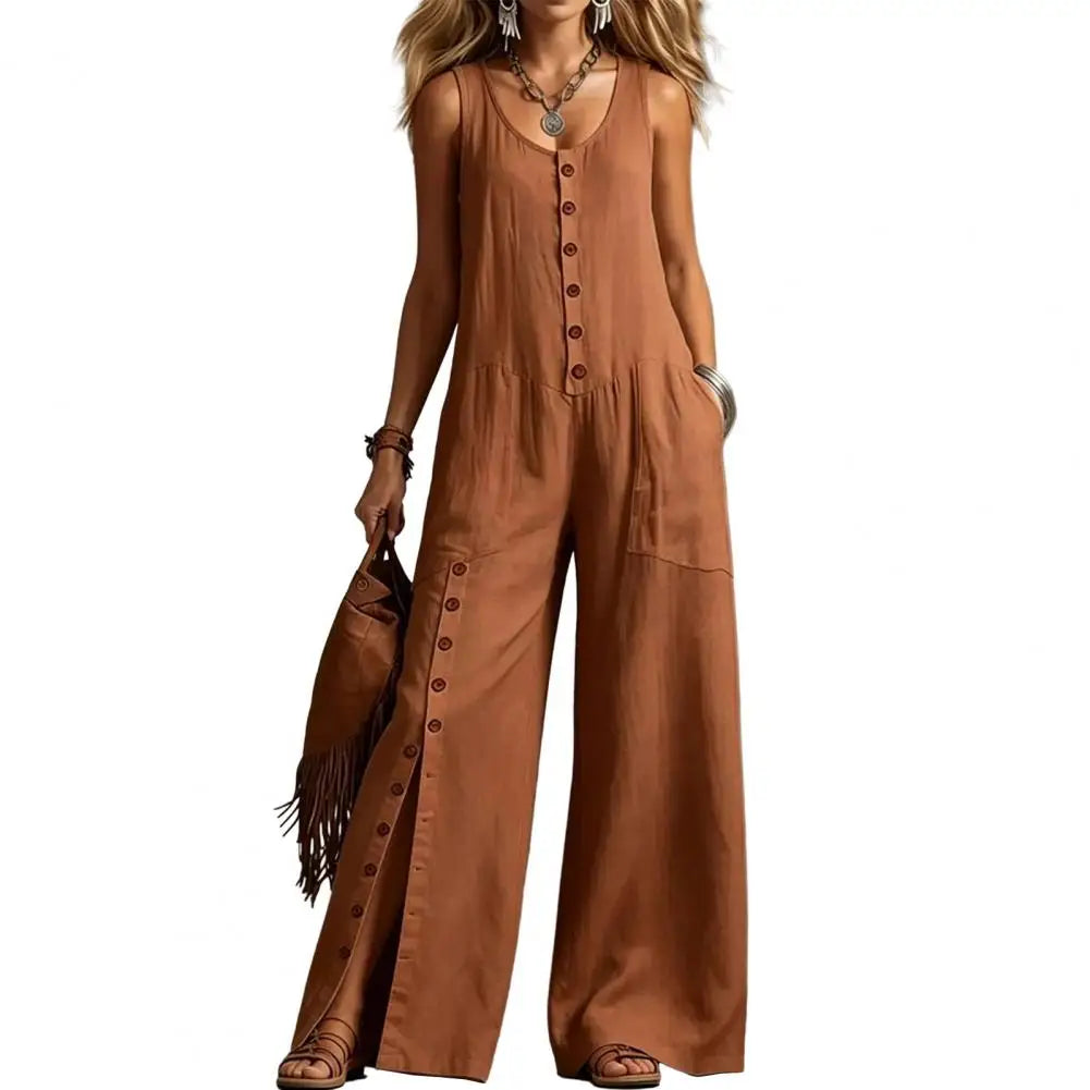 2026 Sexy V Neck Fashion 2026 Spring Pocket Wide Leg Jumpsuit Button Down Sleeveless Wide Leg Rompers Summer Loose Wear Overall