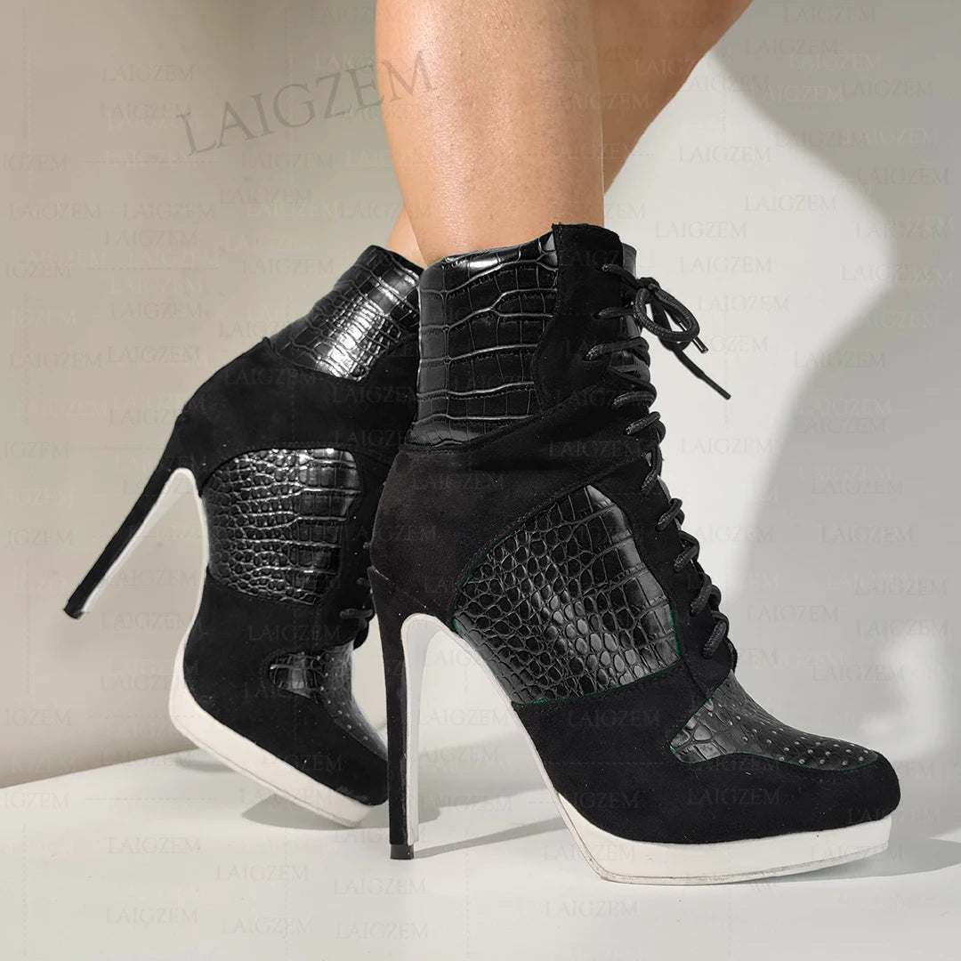 LAIGZEM Women Ankle Boots Round Toe Thin High Heels Lace Up Short Boots Patchwork Ladies Shoes Woman Big Size 38 41 43 45 52