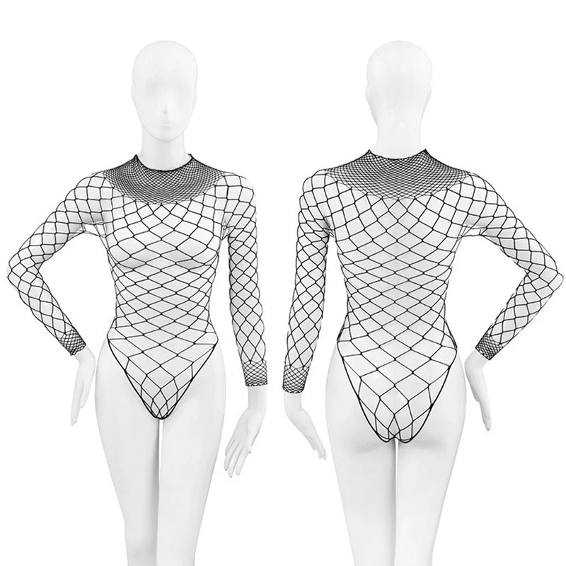 High Neck Fishnet Hollow Bodysuits For Women Sexy Long Sleeve Crotchless Jumpsuits Erotic Outfits Mesh See Through Teddy Rompers