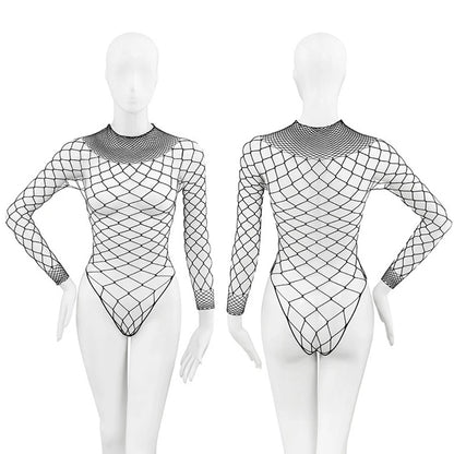 High Neck Fishnet Hollow Bodysuits For Women Sexy Long Sleeve Crotchless Jumpsuits Erotic Outfits Mesh See Through Teddy Rompers