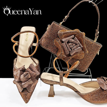 2026 Large Flower Design Shoes & Bag Nigerian Coffee Color Women's Stiletto Shoes For Special Good Time INS Style